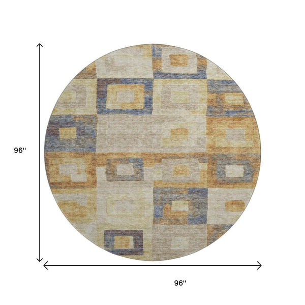 HomeRoots 8' Linen Gold and Wheat Geometric Round Rug – Washable, UV-Protected, Durable, and Stylish Design 686696
