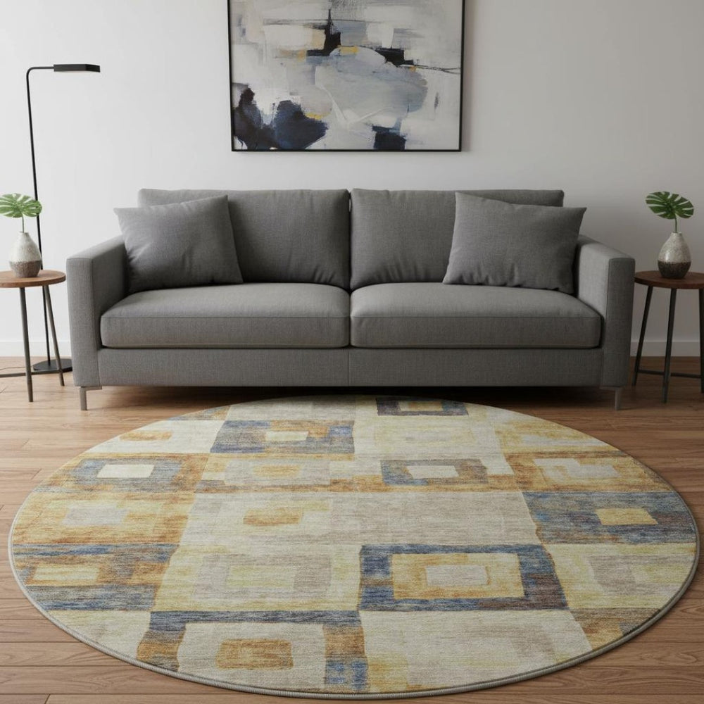 HomeRoots 8' Linen Gold and Wheat Geometric Round Rug – Washable, UV-Protected, Durable, and Stylish Design 686696
