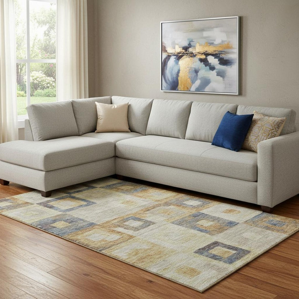 HomeRoots 8' X 10' Washable Linen Gold & Wheat Geometric Area Rug with UV Protection for Stylish Living Spaces 686697