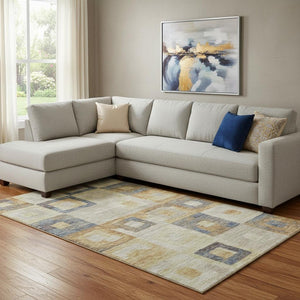 HomeRoots 8' X 10' Washable Linen Gold & Wheat Geometric Area Rug with UV Protection for Stylish Living Spaces 686697