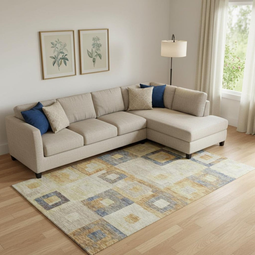 HomeRoots 9' X 12' Linen Gold & Wheat Geometric Area Rug – Washable, Stain-Resistant, UV-Protected, Stylish Design 686698