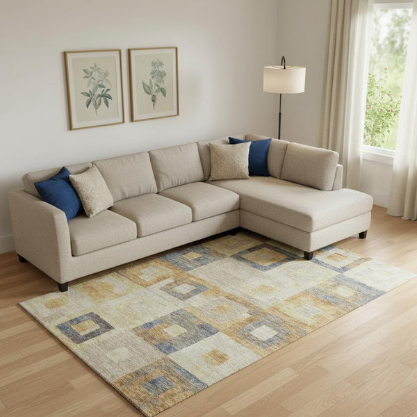 HomeRoots 9' X 12' Linen Gold & Wheat Geometric Area Rug – Washable, Stain-Resistant, UV-Protected, Stylish Design 686698
