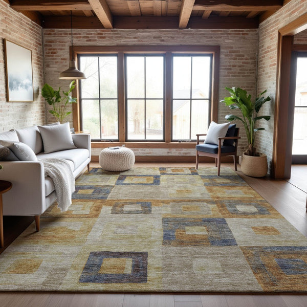 HomeRoots 10' X 14' Linen Gold Geometric Area Rug - Washable, Stain Resistant, Stylish & UV Protected Design! 686699