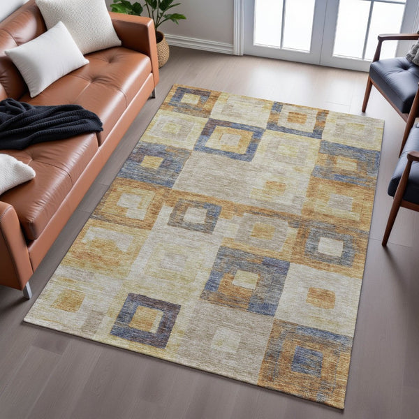 HomeRoots 10' X 14' Linen Gold Geometric Area Rug - Washable, Stain Resistant, Stylish & UV Protected Design! 686699