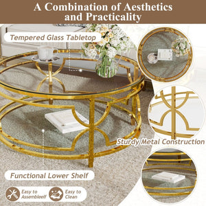 English Elm Round Tempered Glass Coffee Table with Gold Geometric Metal Base and Open Storage Shelf Transparent N735P396530K