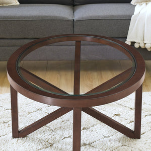 English Elm Modern Glass Coffee Table - Stylish Round Design With Solid Wood Base For Living Room & Study Use W487P317846
