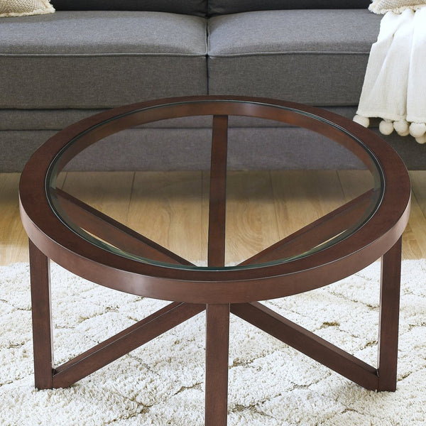 English Elm Modern Glass Coffee Table - Stylish Round Design With Solid Wood Base For Living Room & Study Use W487P317846