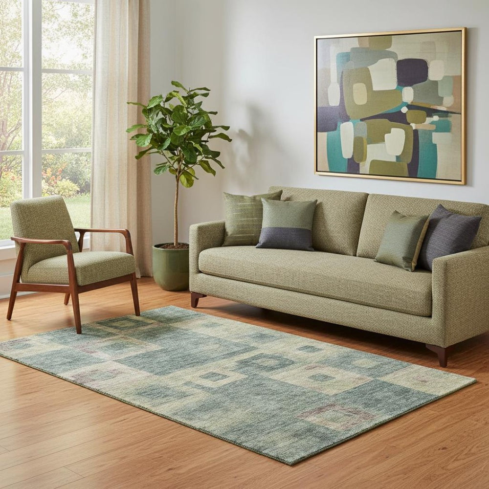HomeRoots 5' X 8' Sage Beige & Taupe Geometric Area Rug - Washable, UV Protected, Stain Resistant for Homes 686701