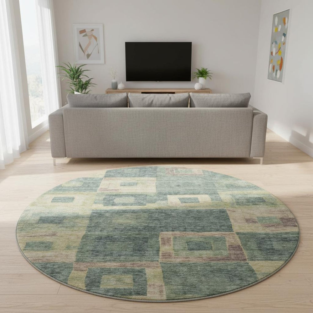 HomeRoots 8' Sage Beige and Taupe Geometric Round Rug - Washable, UV-Protected, Ideal for Family Spaces 686702