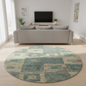 HomeRoots 8' Sage Beige and Taupe Geometric Round Rug - Washable, UV-Protected, Ideal for Family Spaces 686702