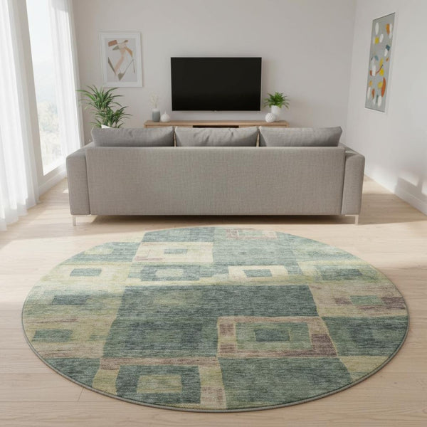 HomeRoots 8' Sage Beige and Taupe Geometric Round Rug - Washable, UV-Protected, Ideal for Family Spaces 686702
