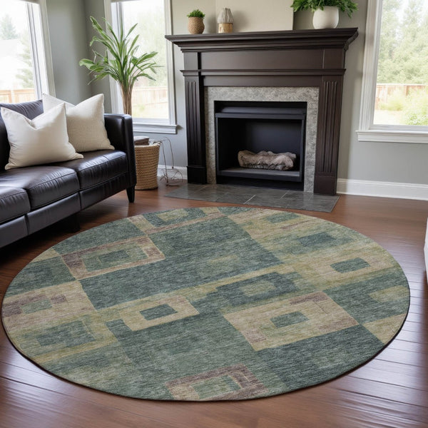 HomeRoots 8' Sage Beige and Taupe Geometric Round Rug - Washable, UV-Protected, Ideal for Family Spaces 686702