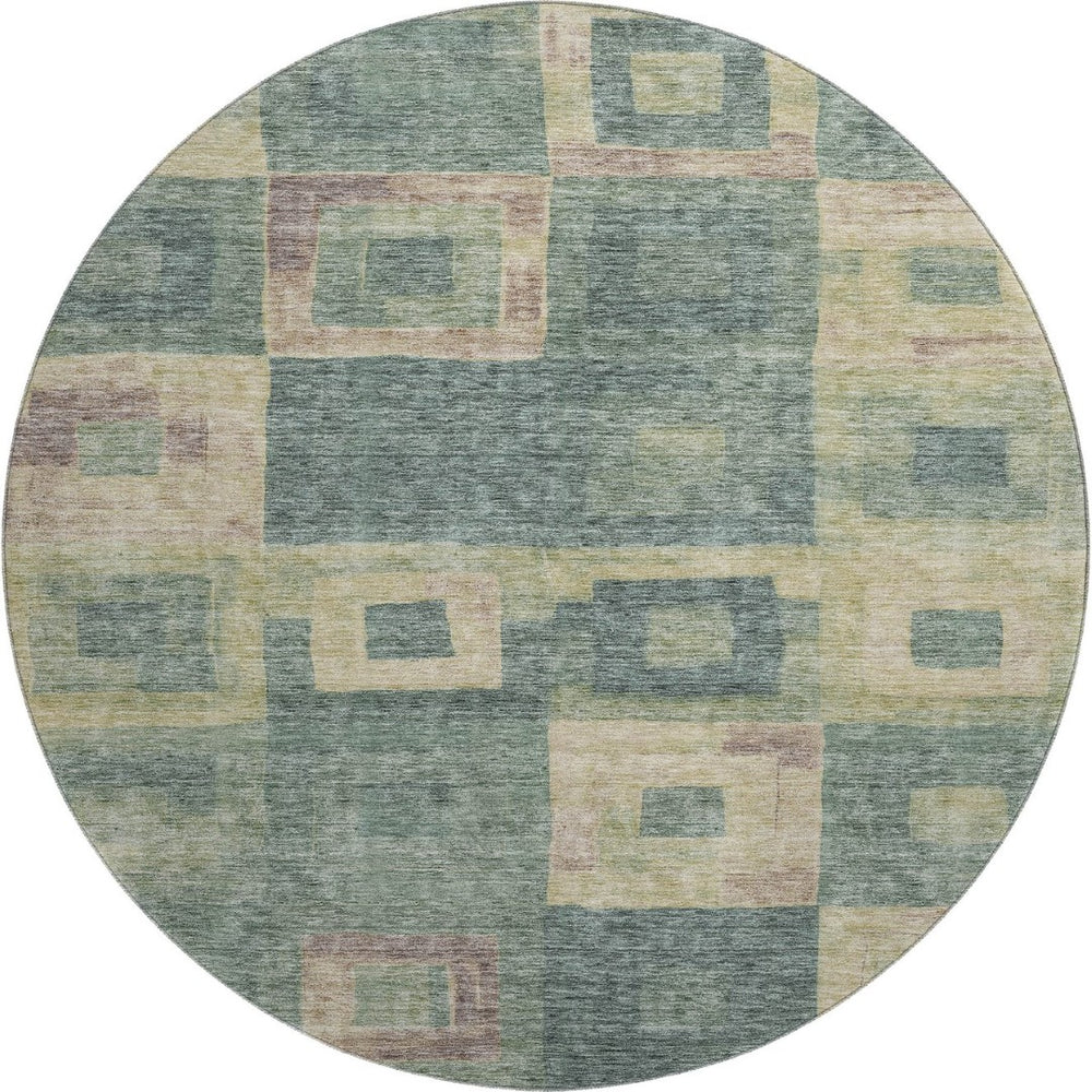 HomeRoots 8' Sage Beige and Taupe Geometric Round Rug - Washable, UV-Protected, Ideal for Family Spaces 686702