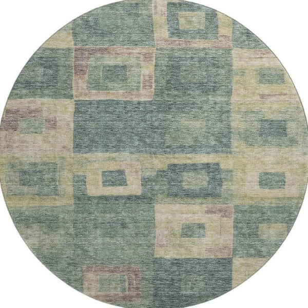 HomeRoots 8' Sage Beige and Taupe Geometric Round Rug - Washable, UV-Protected, Ideal for Family Spaces 686702