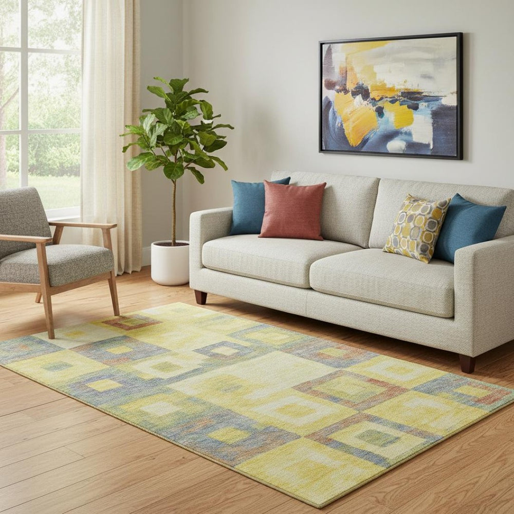 HomeRoots 5' X 8' Bold Geometric Washable Area Rug in Yellow, Orange, Purple & Ivory - UV Protected & Durable 686707