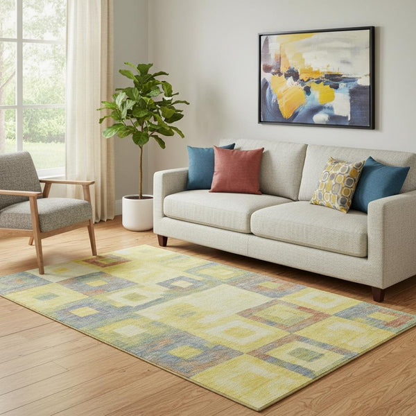 HomeRoots 5' X 8' Bold Geometric Washable Area Rug in Yellow, Orange, Purple & Ivory - UV Protected & Durable 686707