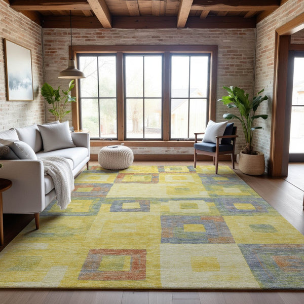 HomeRoots 5' X 8' Bold Geometric Washable Area Rug in Yellow, Orange, Purple & Ivory - UV Protected & Durable 686707