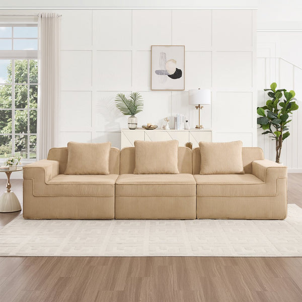English Elm Modular 3-Seat Boneless Sofa - Cloud-Like Comfort In Soft Camel Corduroy With Throw Pillows & Style W3041S00317
