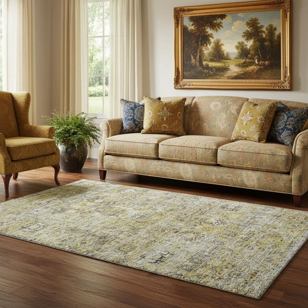 HomeRoots 5' X 8' Artichoke Green Floral Medallion Area Rug - Washable, UV Protected, and Pet-Friendly Design 686713