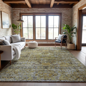 HomeRoots 5' X 8' Artichoke Green Floral Medallion Area Rug - Washable, UV Protected, and Pet-Friendly Design 686713