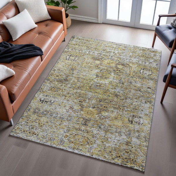 HomeRoots 5' X 8' Artichoke Green Floral Medallion Area Rug - Washable, UV Protected, and Pet-Friendly Design 686713