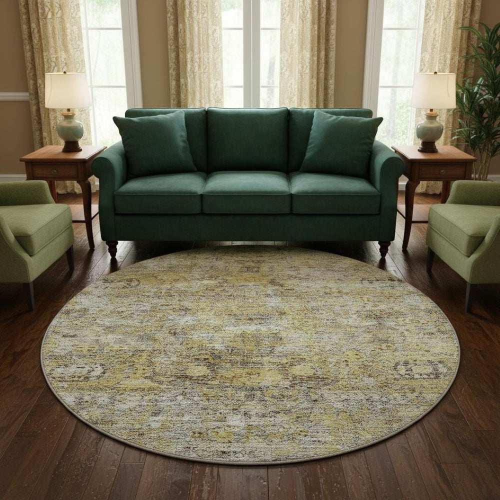 HomeRoots 8' Timeless Floral Medallion Round Rug in Artichoke Green & Gold - Washable, UV Protected, Stylish Decor 686714