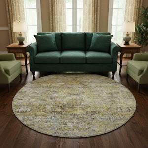 HomeRoots 8' Timeless Floral Medallion Round Rug in Artichoke Green & Gold - Washable, UV Protected, Stylish Decor 686714