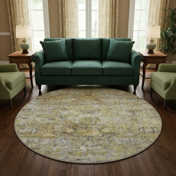 HomeRoots 8' Timeless Floral Medallion Round Rug in Artichoke Green & Gold - Washable, UV Protected, Stylish Decor 686714
