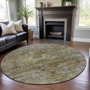 HomeRoots 8' Timeless Floral Medallion Round Rug in Artichoke Green & Gold - Washable, UV Protected, Stylish Decor 686714