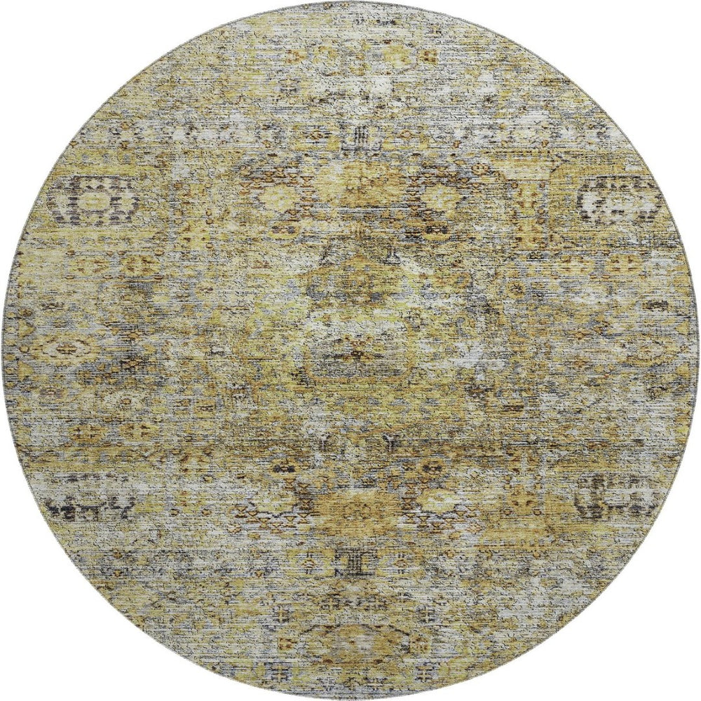 HomeRoots 8' Timeless Floral Medallion Round Rug in Artichoke Green & Gold - Washable, UV Protected, Stylish Decor 686714