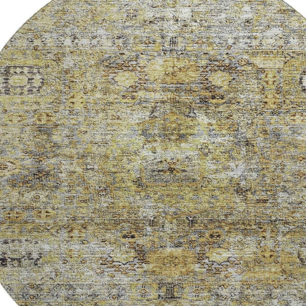 HomeRoots 8' Timeless Floral Medallion Round Rug in Artichoke Green & Gold - Washable, UV Protected, Stylish Decor 686714
