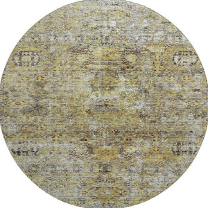 HomeRoots 8' Timeless Floral Medallion Round Rug in Artichoke Green & Gold - Washable, UV Protected, Stylish Decor 686714