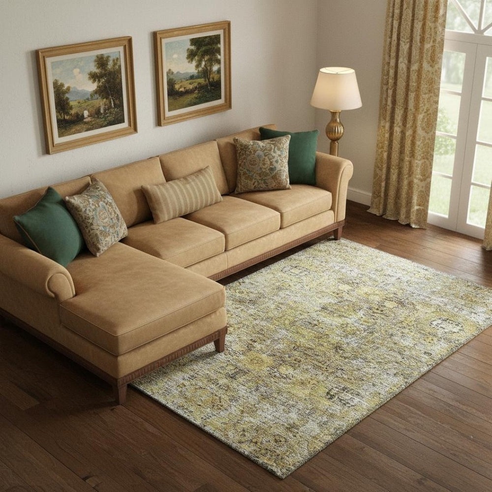 HomeRoots 9' X 12' Artichoke Green Floral Medallion Area Rug - Washable, UV Protected, Perfect for Homes! 686716