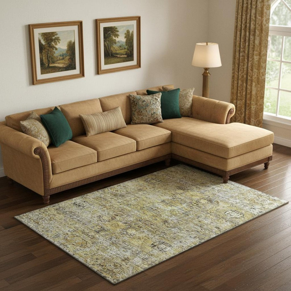 HomeRoots 10' Artichoke Green Gold Floral Medallion Area Rug – Washable, Durable, UV Protected for High-Traffic Spaces 686717