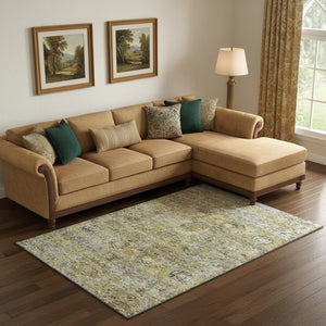 HomeRoots 10' Artichoke Green Gold Floral Medallion Area Rug – Washable, Durable, UV Protected for High-Traffic Spaces 686717