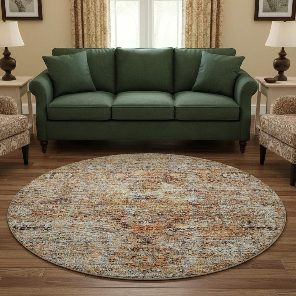 HomeRoots 8' Coral Gray Floral Medallion Round Rug - Washable, UV Protected, Durable & Stain-Resistant Design 686720