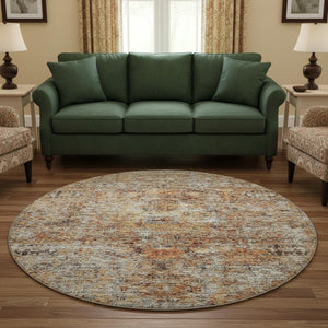 HomeRoots 8' Coral Gray Floral Medallion Round Rug - Washable, UV Protected, Durable & Stain-Resistant Design 686720