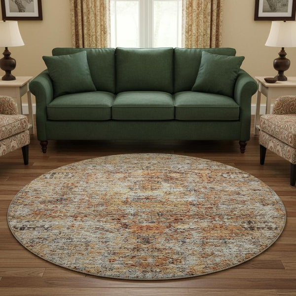 HomeRoots 8' Coral Gray Floral Medallion Round Rug - Washable, UV Protected, Durable & Stain-Resistant Design 686720