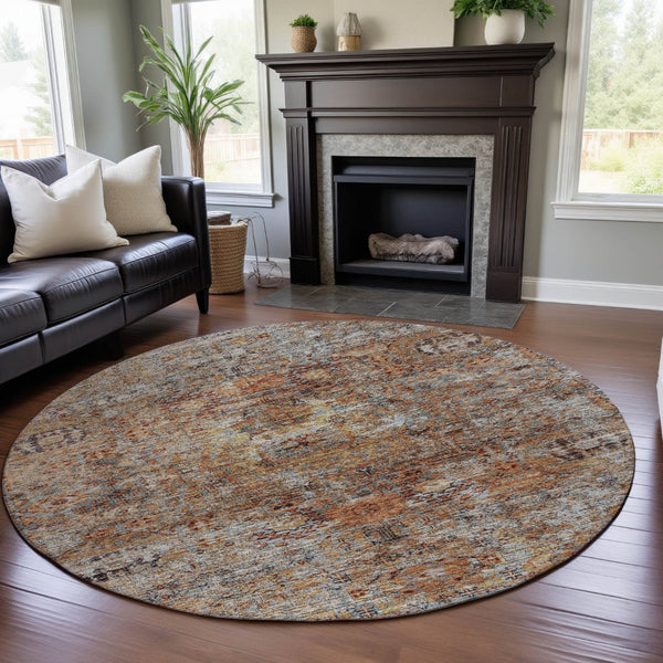 HomeRoots 8' Coral Gray Floral Medallion Round Rug - Washable, UV Protected, Durable & Stain-Resistant Design 686720