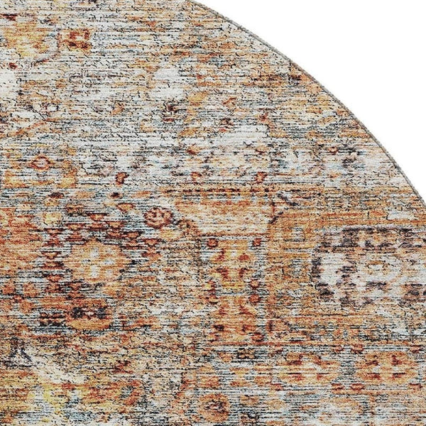 HomeRoots 8' Coral Gray Floral Medallion Round Rug - Washable, UV Protected, Durable & Stain-Resistant Design 686720