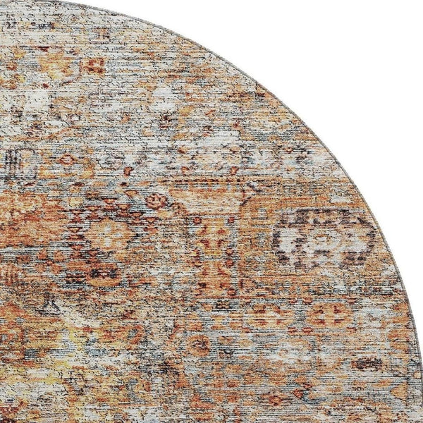 HomeRoots 8' Coral Gray Floral Medallion Round Rug - Washable, UV Protected, Durable & Stain-Resistant Design 686720