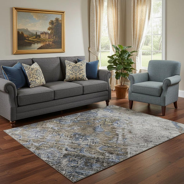 HomeRoots 5' X 8' Blue Gray & Silver Floral Medallion Area Rug - Washable, UV Protected, Durable & Stylish 686725