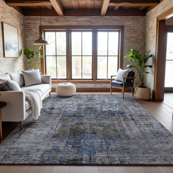 HomeRoots 5' X 8' Blue Gray & Silver Floral Medallion Area Rug - Washable, UV Protected, Durable & Stylish 686725