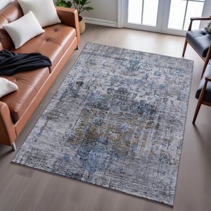 HomeRoots 5' X 8' Blue Gray & Silver Floral Medallion Area Rug - Washable, UV Protected, Durable & Stylish 686725