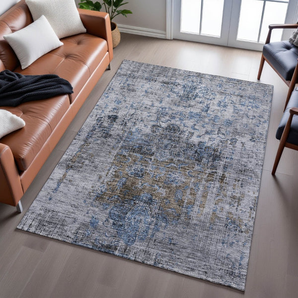 HomeRoots 5' X 8' Blue Gray & Silver Floral Medallion Area Rug - Washable, UV Protected, Durable & Stylish 686725