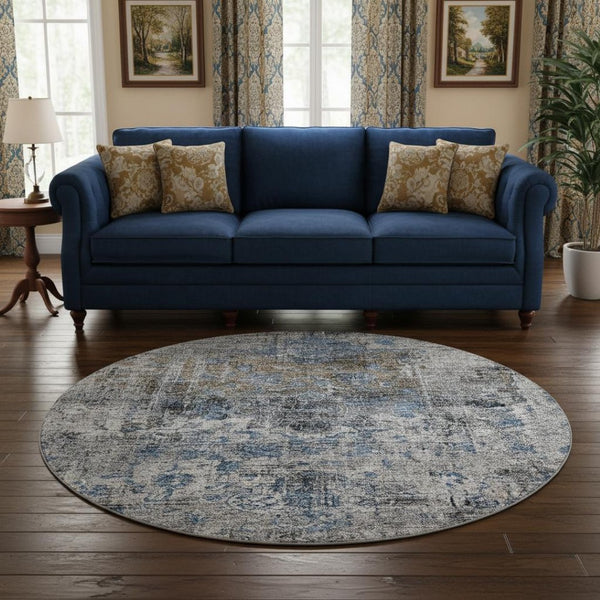 HomeRoots 8' Blue Gray & Silver Floral Medallion Round Rug - Washable, UV-Protected, Durable for High Traffic Areas 686726