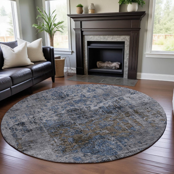 HomeRoots 8' Blue Gray & Silver Floral Medallion Round Rug - Washable, UV-Protected, Durable for High Traffic Areas 686726