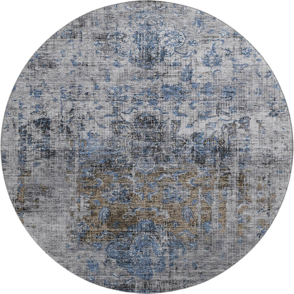 HomeRoots 8' Blue Gray & Silver Floral Medallion Round Rug - Washable, UV-Protected, Durable for High Traffic Areas 686726