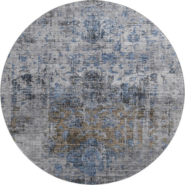 HomeRoots 8' Blue Gray & Silver Floral Medallion Round Rug - Washable, UV-Protected, Durable for High Traffic Areas 686726