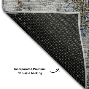HomeRoots 8' Blue Gray & Silver Floral Medallion Round Rug - Washable, UV-Protected, Durable for High Traffic Areas 686726